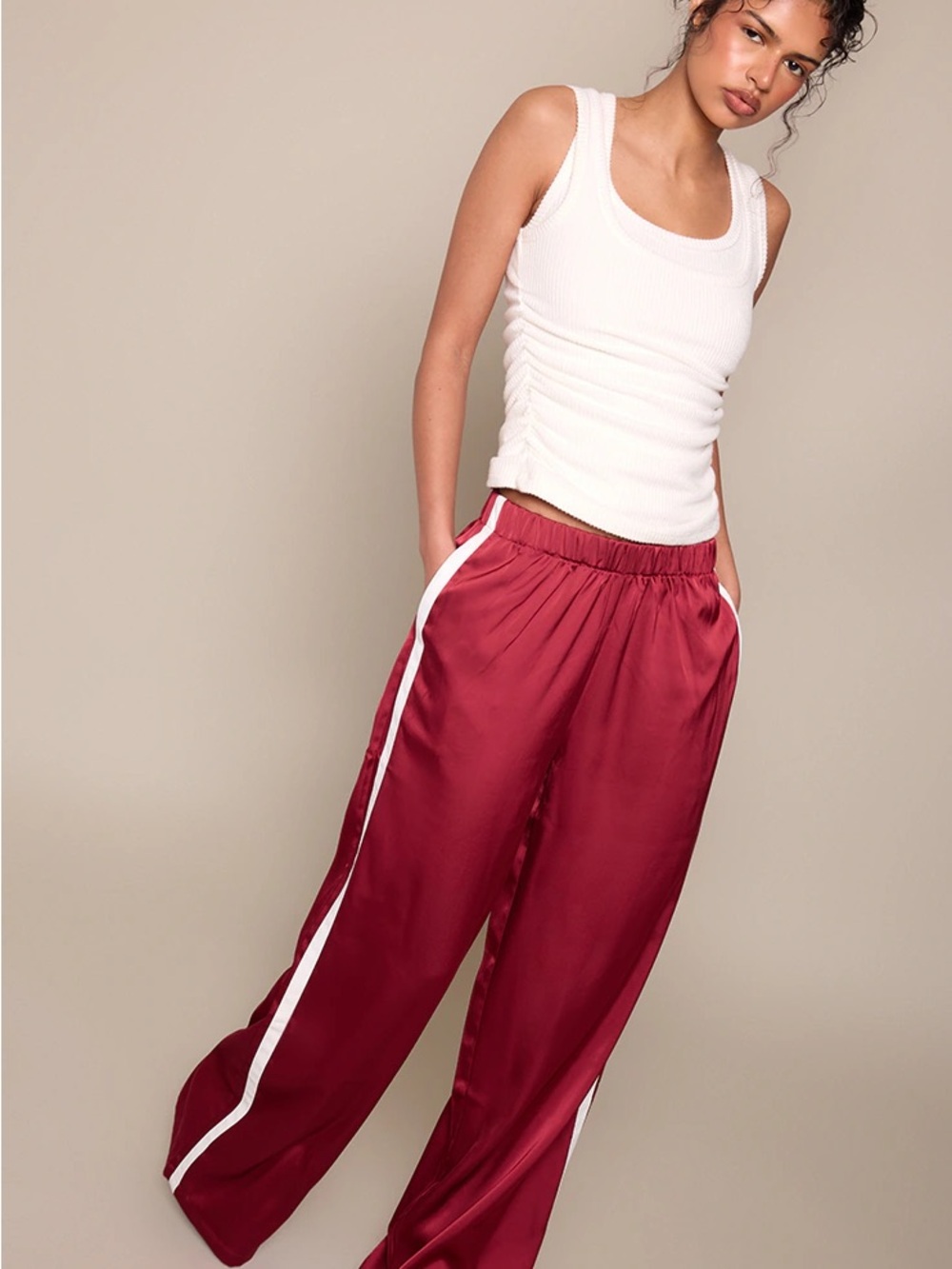 PrettyLittleThing Burgundy Wide-Leg Joggers with White Side Stripe